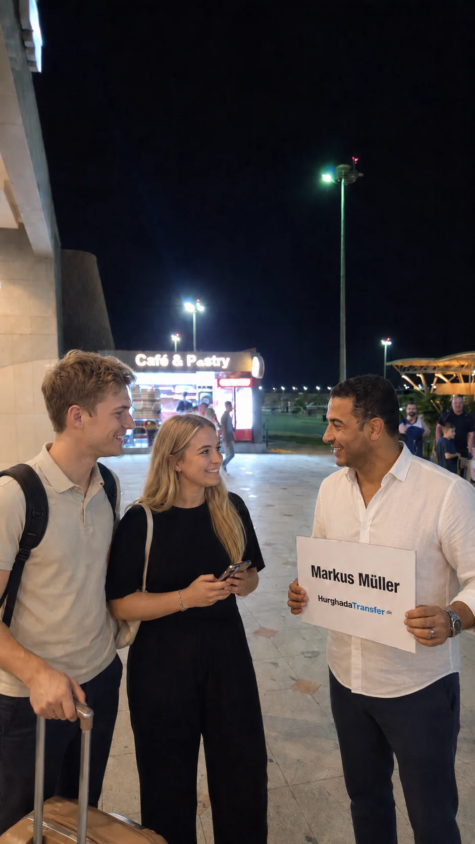 Représentant HurghadaTransfer.de accueillant des voyageurs à l’aéroport d’Hurghada